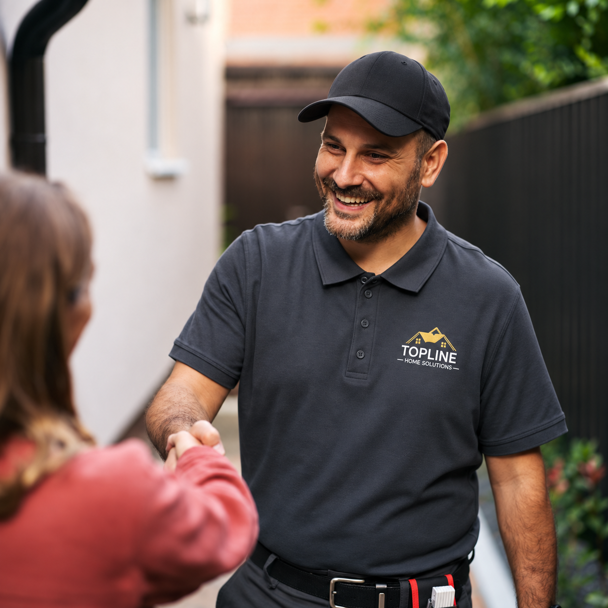 Man greeting homeowner for attic home service